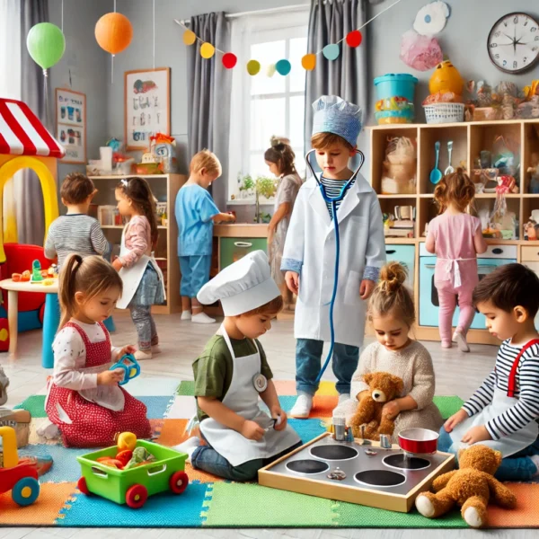 DALL·E 2024-10-14 13.28.15 - A colorful daycare scene featuring children engaging in pretend play. One child is dressed as a doctor, another is in a chef outfit, and a group of ch